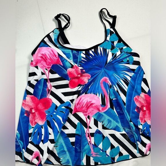 NWT Women’s Black Pink Flamingo Tankini Black Boy shorts Tummy Control - Size L - Picture 5 of 6